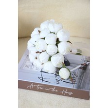 Yapay Çiçek Deposu Beyaz Şakayık Güller Gelin Buketi 17LI Gerçekçi Görünüm ile Düğün Süsleme