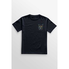 Unisex Lacivert T-Shirt Renkli Sevimli Kedi Rengarenk Minnoş Cat Minimal Ön Baskılı Tişört