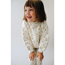 Kız Çocuk Pamuklu Ekru Çiçek Desenli Sweatshirt Ispanyol Paça Tayt Takım