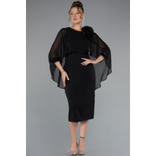 Pelerin Kapri Kol Midi Şifon Davet Elbisesi ABK2382