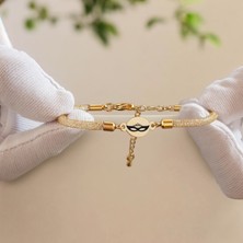 14 Ayar Plakalı Altın Balmaske Temalı Oval Motifli Hasır Kordonlu Hediye BILEKLIK-415SEMBOL