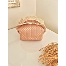 Bej Kalpli Makyaj Çantası – Fırfırlı , %100 Pamuklu, Kapitoneli, Çok Amaçlı Organizer, 20X10X10 cm