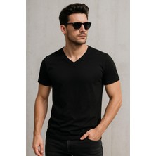 Erkek V Yaka %100 Pamuk Kısa Kollu Siyah T-Shirt Tişört
