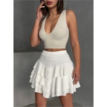 Kadın Yüksek Bel Fırfırlı Mini Şortlu Etek SG9814