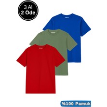 Erkek 3'lü Paket Kırmızı-Mavi-Koyu Yeşil Pamuklu Oversize Tişört Bisiklet Yaka Kısa Kollu T-Shirt
