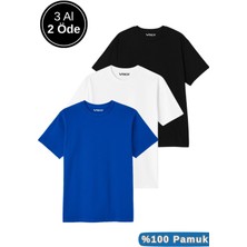 Rich Erkek 3'lü Paket Siyah-Beyaz-Mavi Pamuklu Oversize Tişört Bisiklet Yaka Kısa Kollu T-Shirt