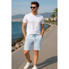 Erkek Yazlık Jakarlı Şort – Beyaz Mavi Çizgili, Cepli Model - Yazlık Şort