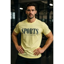 Erkek Sarı Basic T-Shirt Baskılı Slim Fit %100 Pamuk Tişört