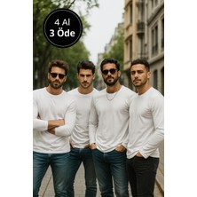 Erkek Beyaz 4'lü Paket Basic Uzun Kollu Tişört Sporcu Body T-Shirt