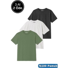 Erkek 3lü Paket Antrasit Melanj-Beyaz-Yeşil Pamuklu Oversize Tişört Bisiklet Yaka Kısa Kollu T-Shirt