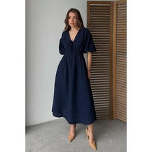 Beli Lastikli Bağcık Detaylı Yarım Kol Müslin Elbise Lacivert 9331-E