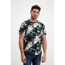 Siyah Desenli Erkek Bisiklet Yaka T-Shirt
