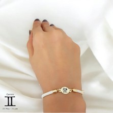 14 Ayar Altın Plakalı Ikizler Burçları Için Beyaz Ipek Örgülü Oval Figürlü Hediye BILEKLIK-424BURÇ