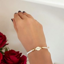 14 Ayar Altın Plakalı Leyla Ismine Özel Beyaz Ipek Örgülü Oval Figürlü Hediye BILEKLIK-424ISIM