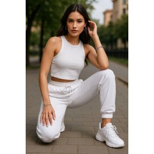 Rich Kadın Beyaz Eşofman Altı - Yüksek Bel Oversize Rahat Kesim Bağcıklı Basic Eşofman Altı
