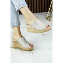 Erkan Saçmacı Fitoria Vizon Hakiki Dana Derisi Önü Açık Mantar Taban Görünümlü Dolgu Topuklu Terlik