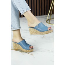 Erkan Saçmacı Fitoria Mavi Hakiki Dana Derisi Önü Açık Mantar Taban Görünümlü Dolgu Topuklu Terlik