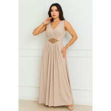 Kemeri Taşlı Krep Kolsuz Abiye Elbise 2789