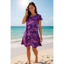 Rich Kadın Fuşya-Mor Leopar Desenli Kısa Kollu Plaj Elbisesi - Rahat Kalıp Yazlık Mini Elbise