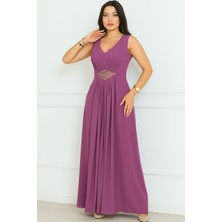 Kemeri Taşlı Krep Kolsuz Abiye Elbise 2789