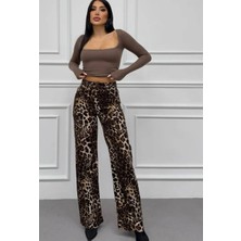 Leopar Desenli Ispanyol Paça Baggy Kadın Pantalon