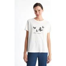 Lcwaıkıkı Classic Ekru Bisiklet Yaka Baskılı Kadın Tişört