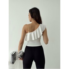 Kadın Tek Omuz Volanlı Zincir Askılı Kaşkorse Crop Bluz RD7000