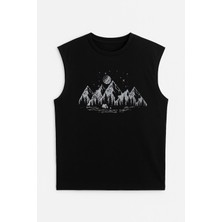 Erkek Bisiklet Yaka Baskılı Siyah Kolsuz T-Shirt