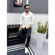  Lacivert Ince Çizgili %100 Pamuk Saten Non-Iron Modern Fit Gömlek