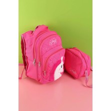 Pembe Peluş Kabartma Desenli Beslenme Çantalı Ikili Sırt Çantası Seti