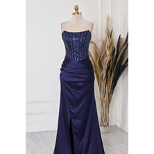 Lacivert Saten Straplez Taşlı Abiye 7013