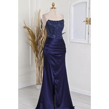 Lacivert Saten Straplez Taşlı Abiye 7013