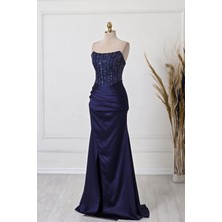 Lacivert Saten Straplez Taşlı Abiye 7013