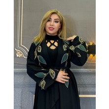 Abaya,yaprak Desenli, Siyah, Abiye, Krep Kumaş,el Nakışı Payetler,frace,kadın,kuşaklı,yüksek Kalite