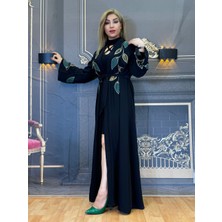 Abaya,yaprak Desenli, Siyah, Abiye, Krep Kumaş,el Nakışı Payetler,frace,kadın,kuşaklı,yüksek Kalite