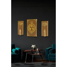 byMelekoğlu Casablanca 3 Lü Gold Aynalı Çerçeveli Püsküllü Duvar Saati Takımı, Wall Clock Hediye Ags001 38gmb