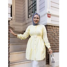 Harma Time Butik Kadın Düğmeli Kemer Detaylı Sarı Gömlek