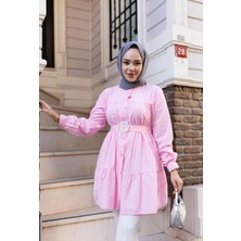 Harma Time Butik Kadın Düğmeli Kemer Detaylı Pembe Gömlek