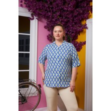 Kısa Kol Büyük Beden Desenli Gömlek Mavi