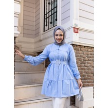 Harma Time Butik Kadın Düğmeli Kemer Detaylı Mavi Gömlek