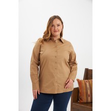 Kol Kroşeta Detaylı Büyük Beden Gömlek Vizon