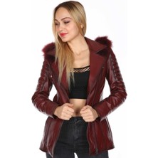 Deri Work Hakiki Deri Bordo Yaka Kürklü Kadın Ceket