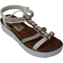 Yaz Kış Ayakkabı Yazkış Kadın Taşlı Beyaz Vizon(Nut) Cilt Üzeri 4cm Kalın Taban Sandalet Estetik ve Rahat