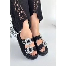 Ceylinmoda Juana Siyah Nubuk  Taşlı Terlik