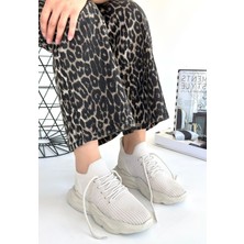 Ortopedik Topuk Dikenine Karşı Özel Üretim Bağcıklı Spor Ayakkabı Triko Bej Topuk Boyu 3 cm