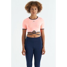 Yavruagzı Bel Bağlama Detaylı O Yaka Standart Kalıp Dalgıç Kumaş Kadın Crop T-Shirt - 97266