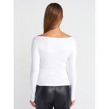 31401 Büzgülü Kayık Yaka Top-Beyaz