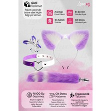 LoveXO 4'lü Tilki Fantezi Seti – Metal Tabanlı Yapay Kürklü Kuyruklu Plug + Aksesuar Seti Mor-Beyaz