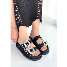 Juana Siyah Nubuk  Taşlı Terlik