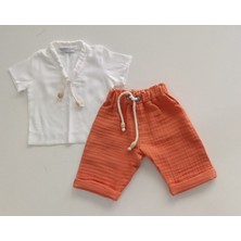 Terzim Ayşenur Çocuk Müslin Şort Tişörtlü Şort Takım  Yeşil - Turuncu - Tarçın Renkler 0-6 Yaş